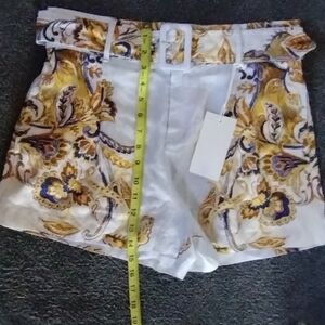 NWT Womens Joie Belted Linen Paperbag Shorts Blue Cream Gold M Linen